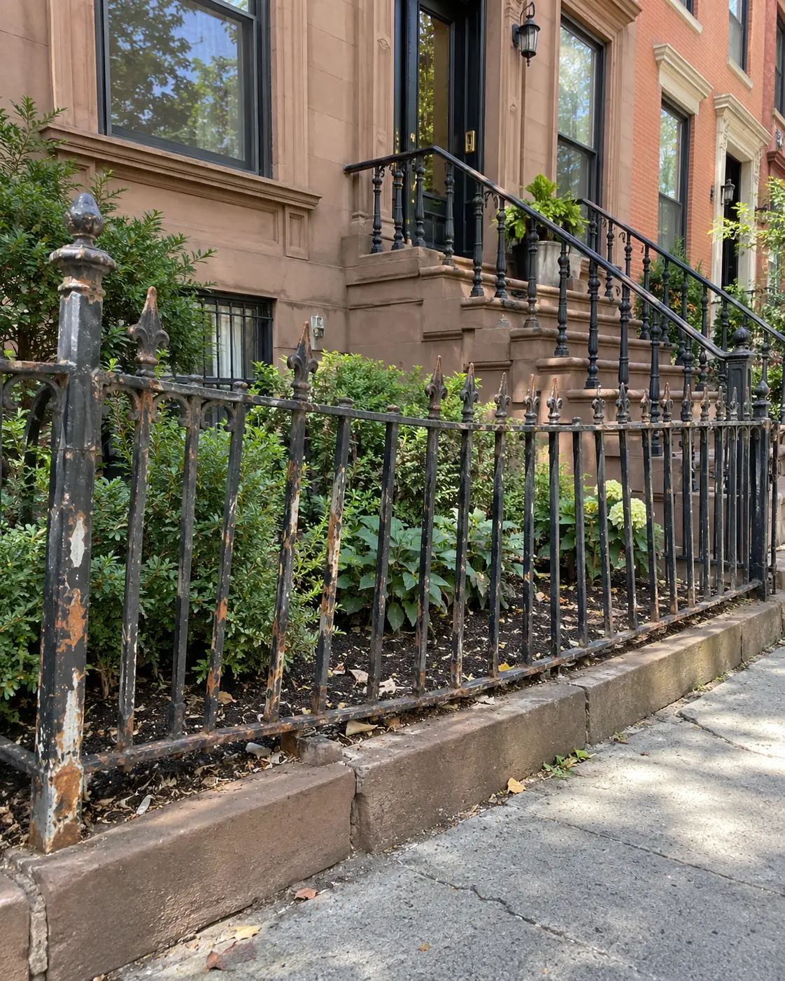 Old rusted and leaning black iron fence outside an NYC brownstone before replacement.
