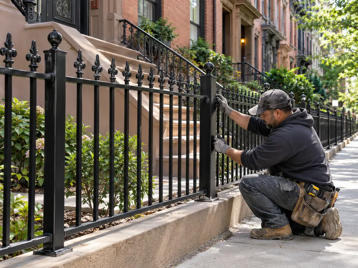 Contractor aligning a black ornamental iron fence outside an NYC brownstone.
