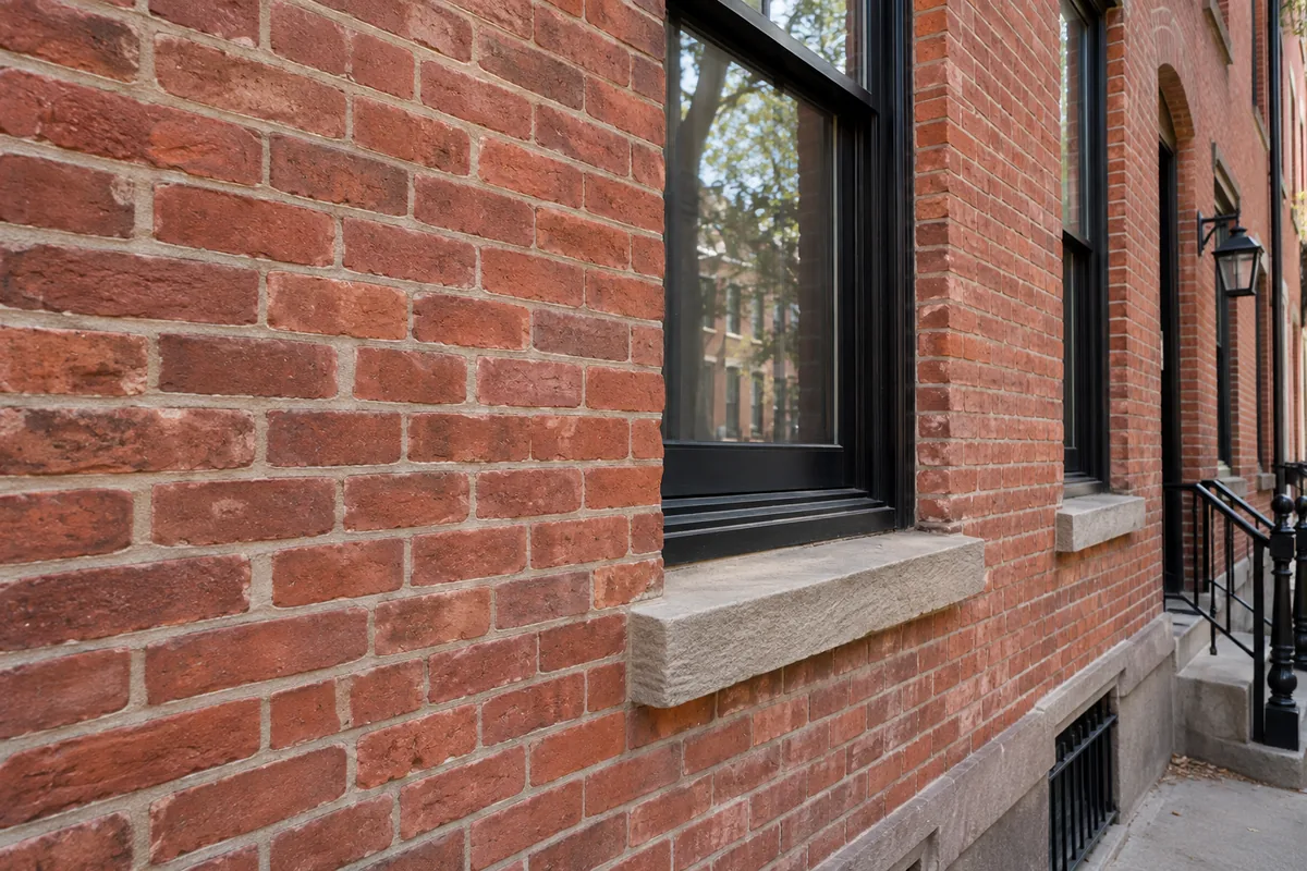 Brick repointing work restoring deteriorated mortar joints on an NYC brick wall