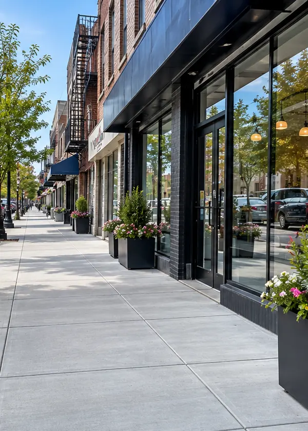 Wide concrete sidewalk and commercial entrance outside a brick storefront building with glass doors and planters.