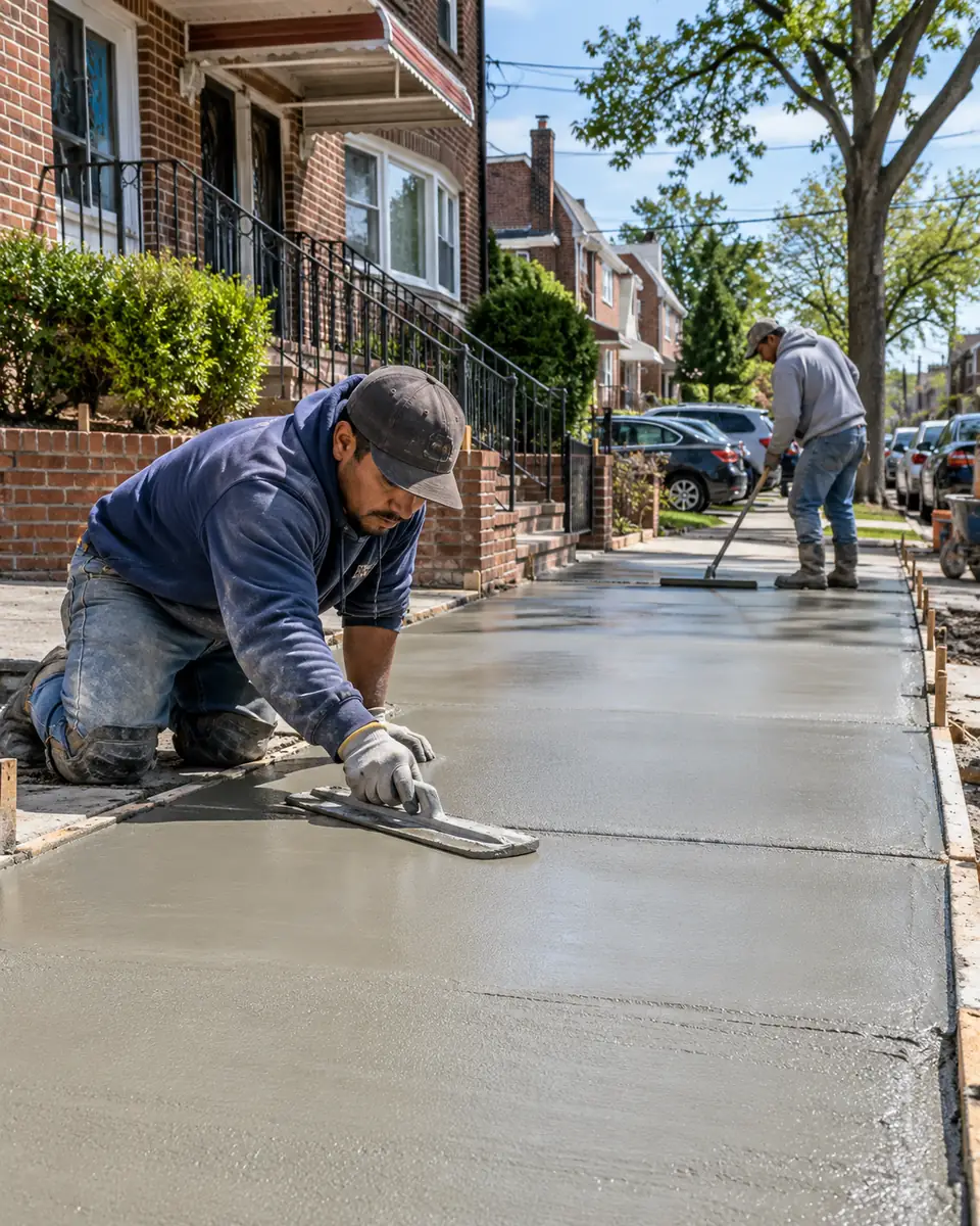 Two concrete contractors smoothing and finishing a newly poured residential sidewalk beside brick homes.