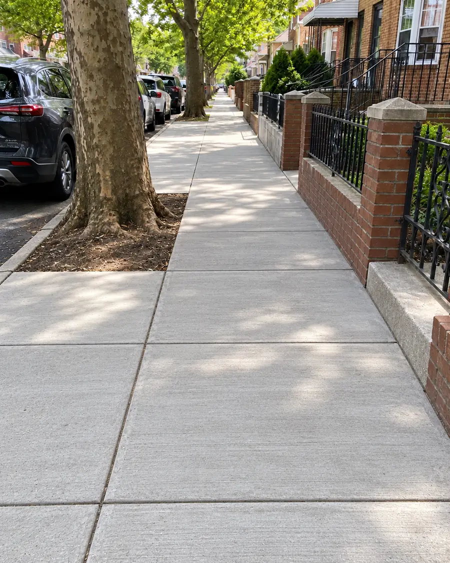 Smooth new concrete sidewalk panels replacing damaged pavement beside residential brick houses and street trees.
