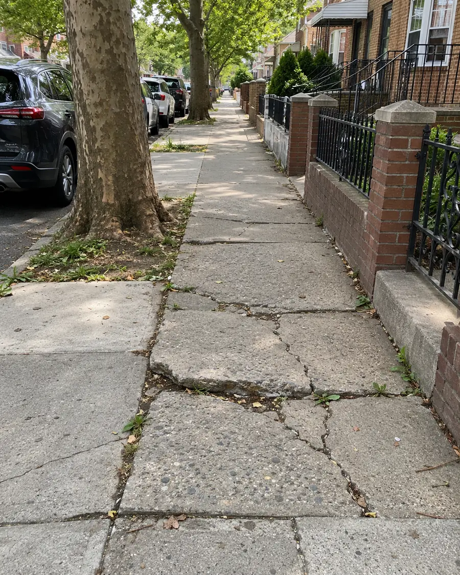 Cracked and uneven concrete sidewalk panels with raised edges beside a tree-lined residential street.