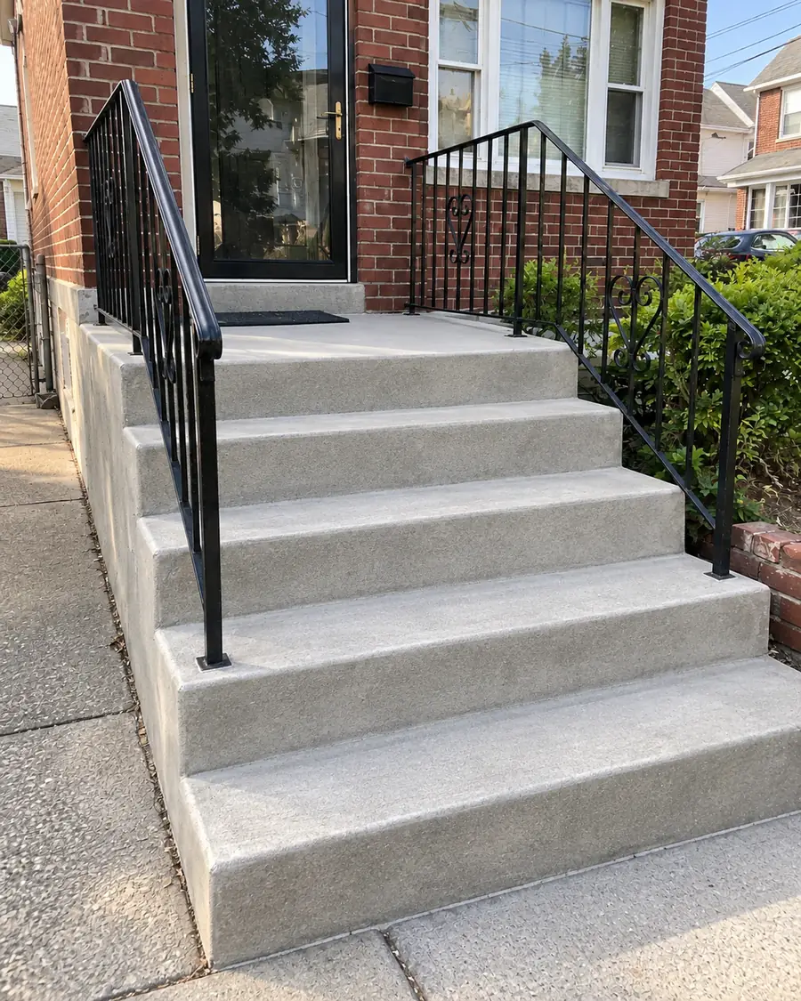 Restored concrete front steps and landing with a smooth finish and black iron railings at a brick residential entrance.
