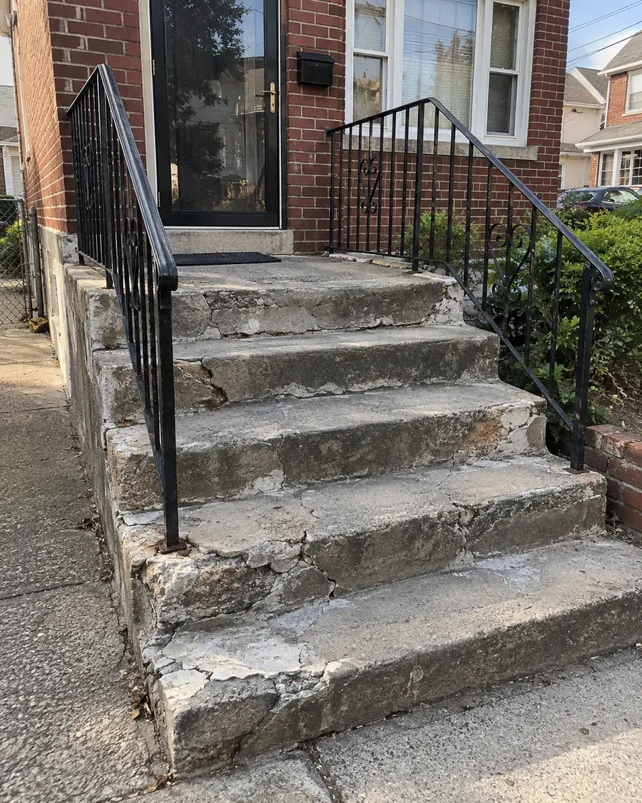Cracked, chipped, and deteriorated concrete entrance steps with black iron railings outside a brick house.