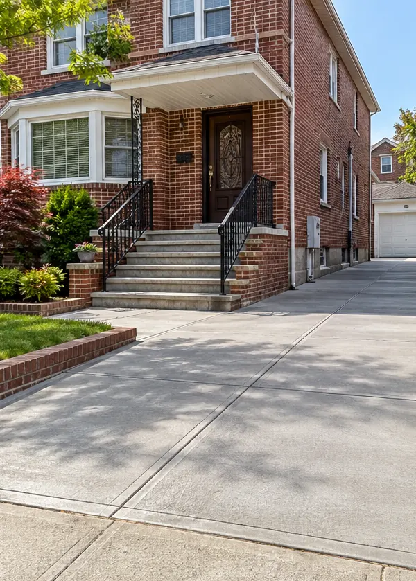Freshly finished concrete driveway and front stoop outside a detached brick residential home with garage access.