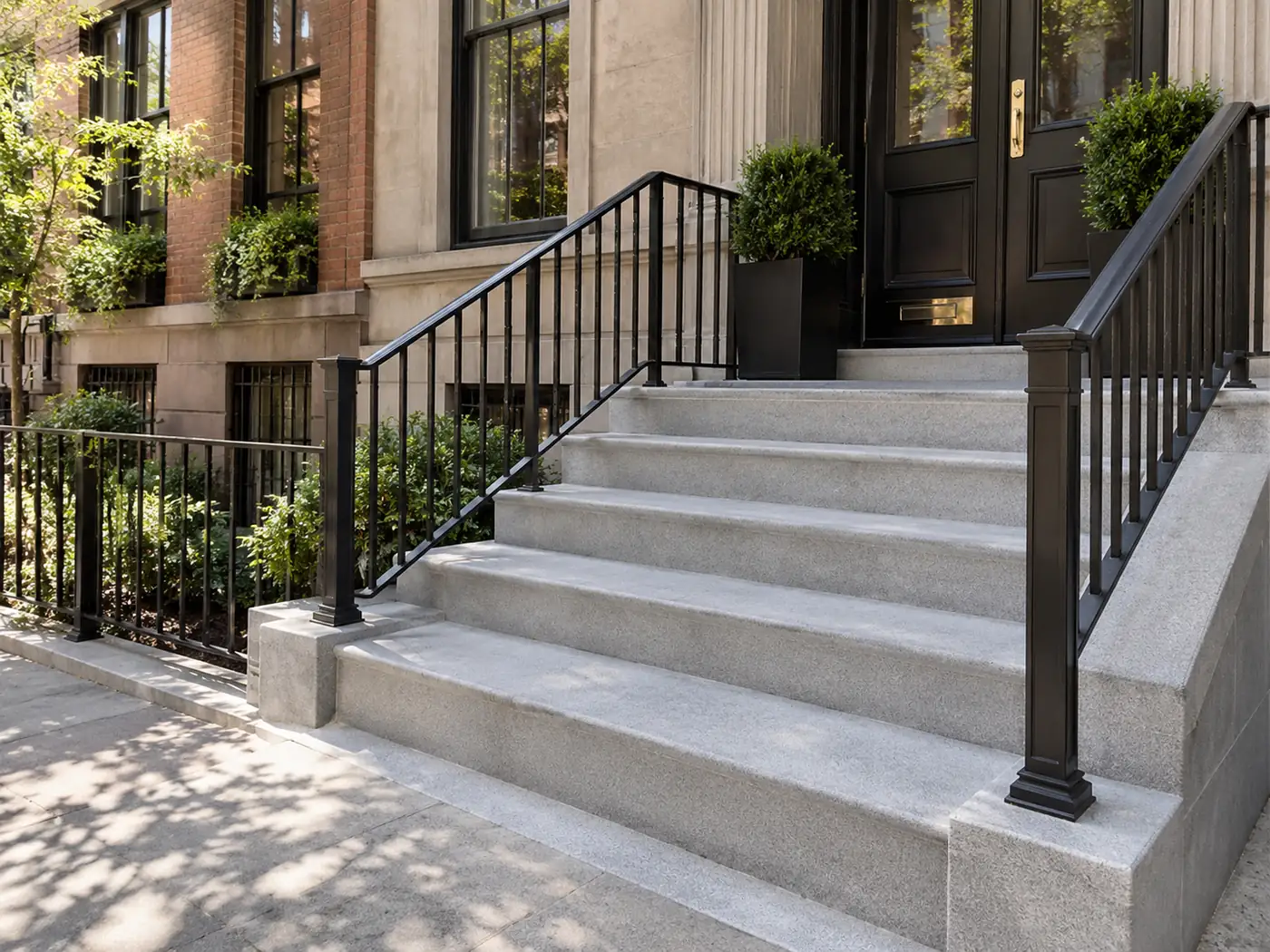 Finished concrete entrance steps with black railings and clean landing transitions at an NYC property