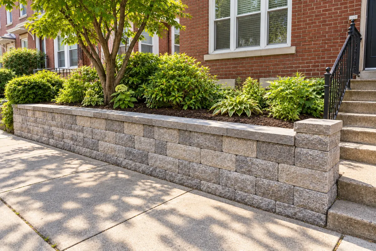 Newly finished concrete block retaining wall with capstones supporting a landscaped residential garden.