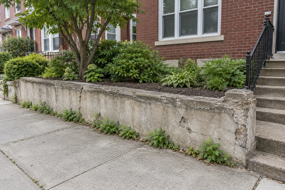 Cracked and weathered concrete retaining wall supporting a raised garden outside a brick residential property.