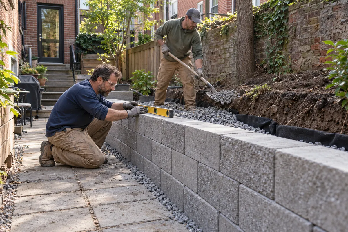 Construction worker checking the alignment of a concrete block retaining wall beside a residential property.