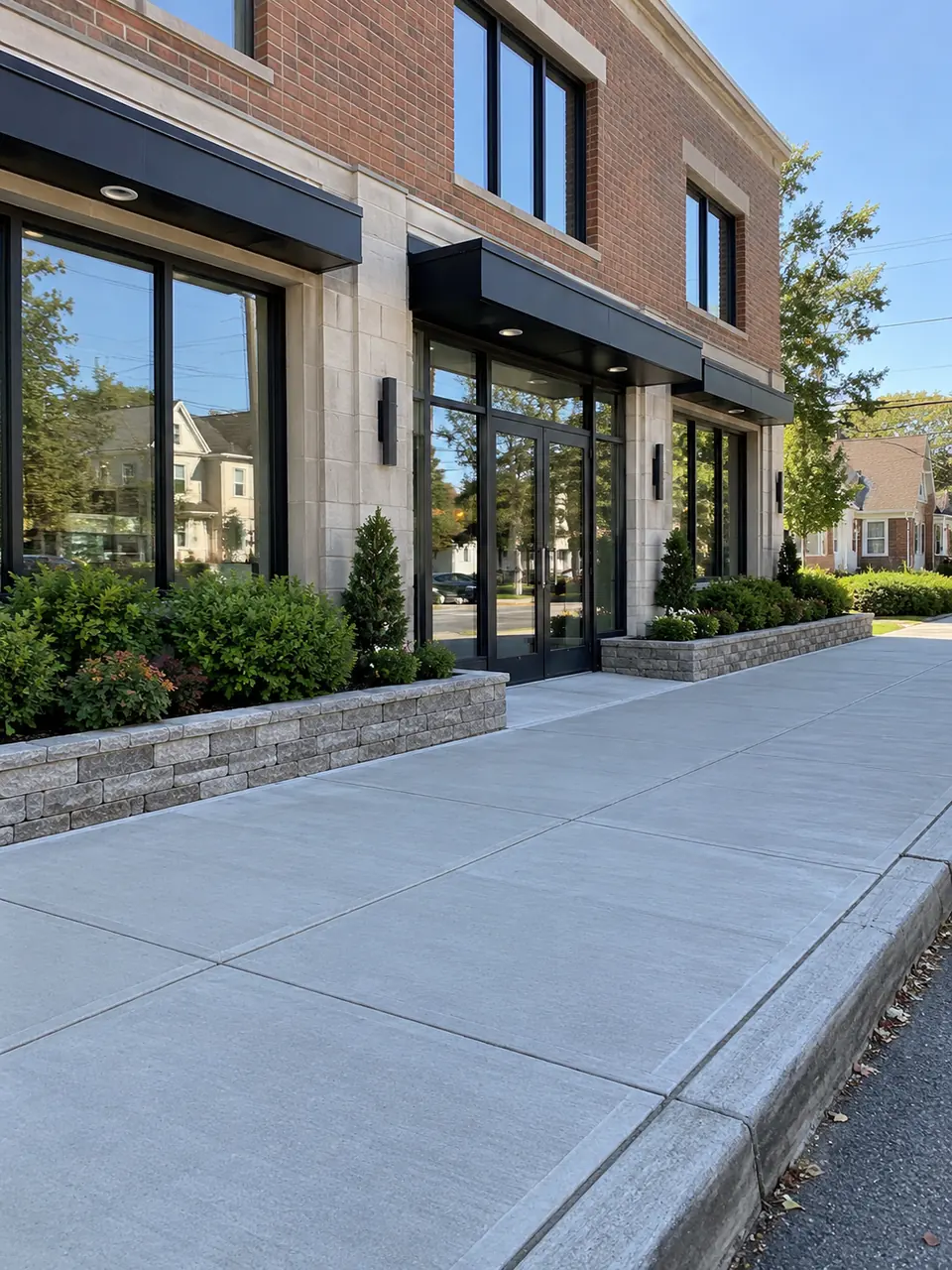 Newly finished concrete sidewalk and storefront entrance outside a neighborhood brick commercial building.