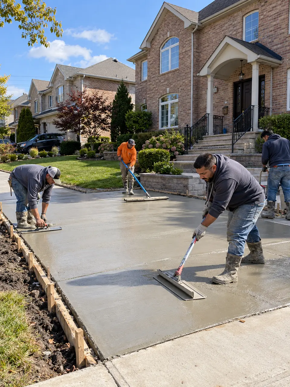 Concrete workers finishing a freshly poured residential driveway outside a brick home in a Staten Island-style neighborhood.