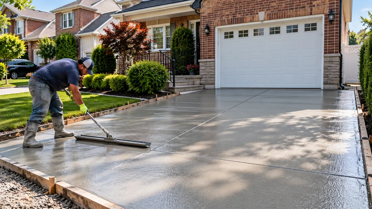 Contractor leveling wet concrete on a new driveway outside a brick home with an attached garage.