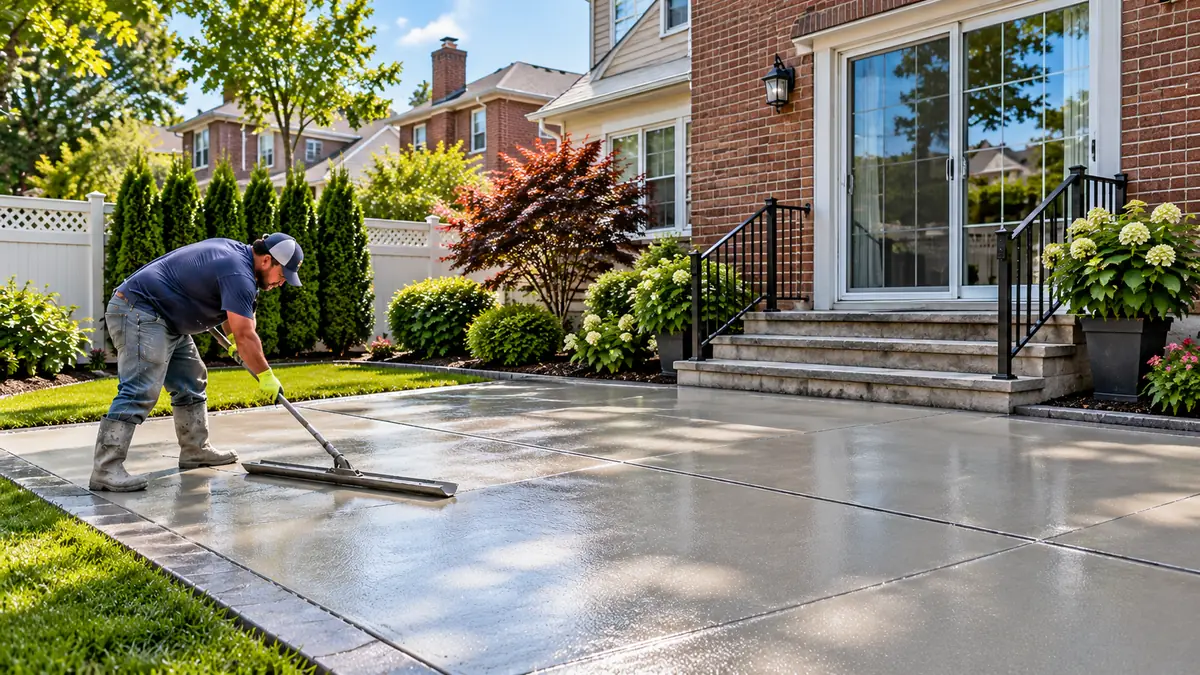 Worker finishing a freshly poured backyard concrete patio outside a brick home with sliding glass doors.