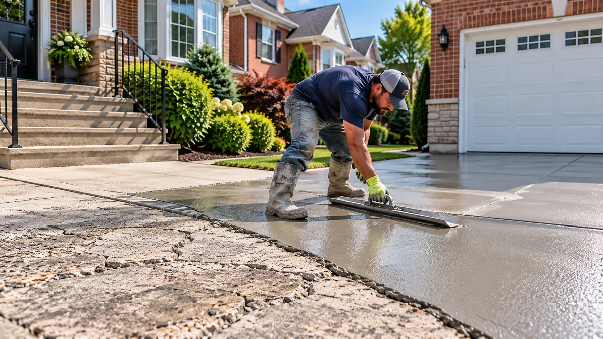 Contractor smoothing fresh concrete beside a cracked, weathered driveway surface during repair work.