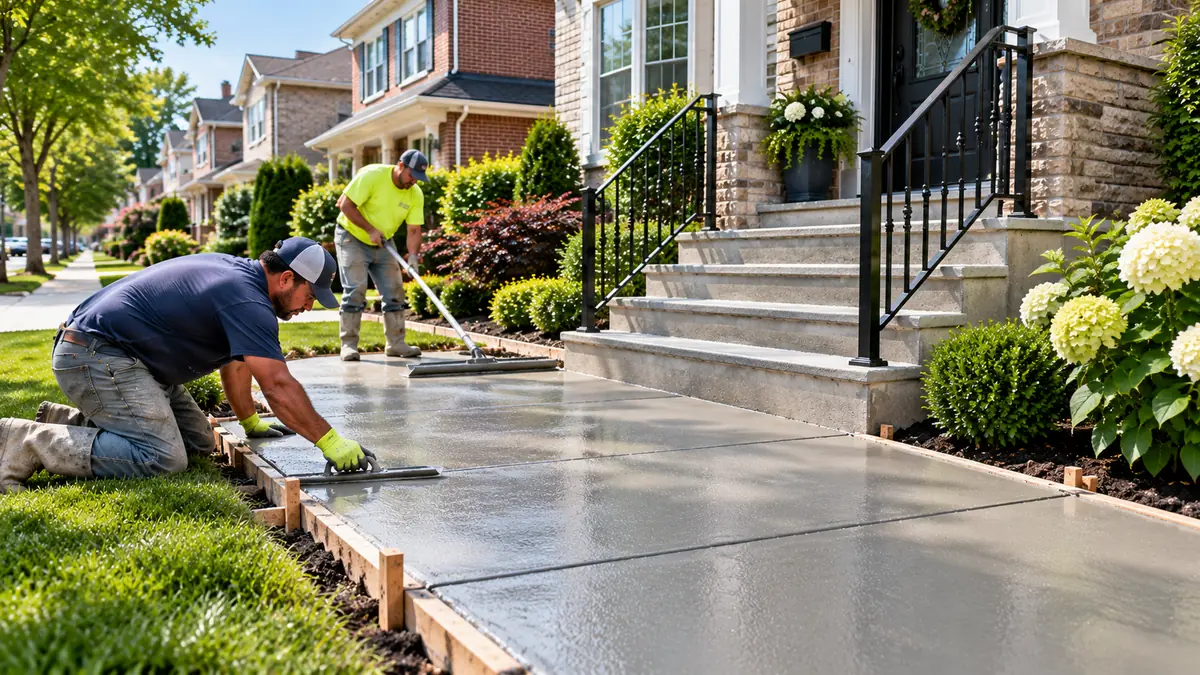 Concrete workers leveling newly poured flatwork beside the entrance steps of a brick residential property.