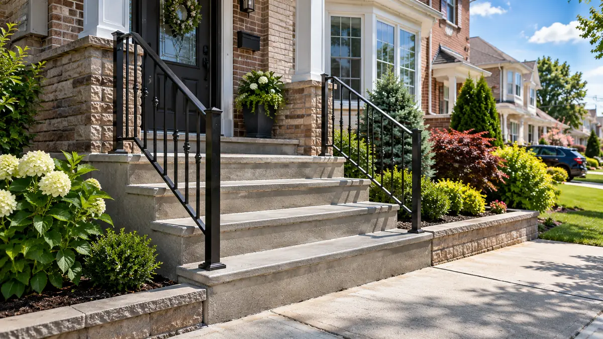 Newly finished concrete front stoop and entrance steps with black metal railings at a landscaped brick house.