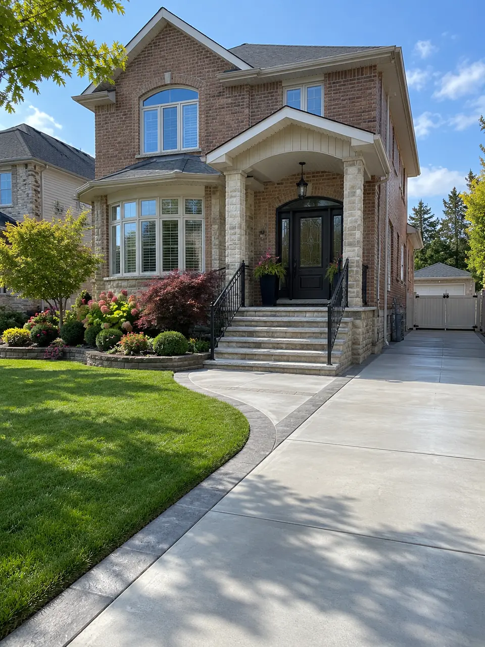 Finished concrete driveway, walkway and front steps outside a landscaped brick home in a Staten Island-style neighborhood.