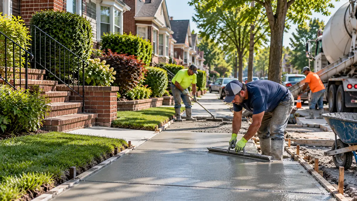 Concrete crew finishing a newly poured sidewalk beside brick homes on a leafy residential street.