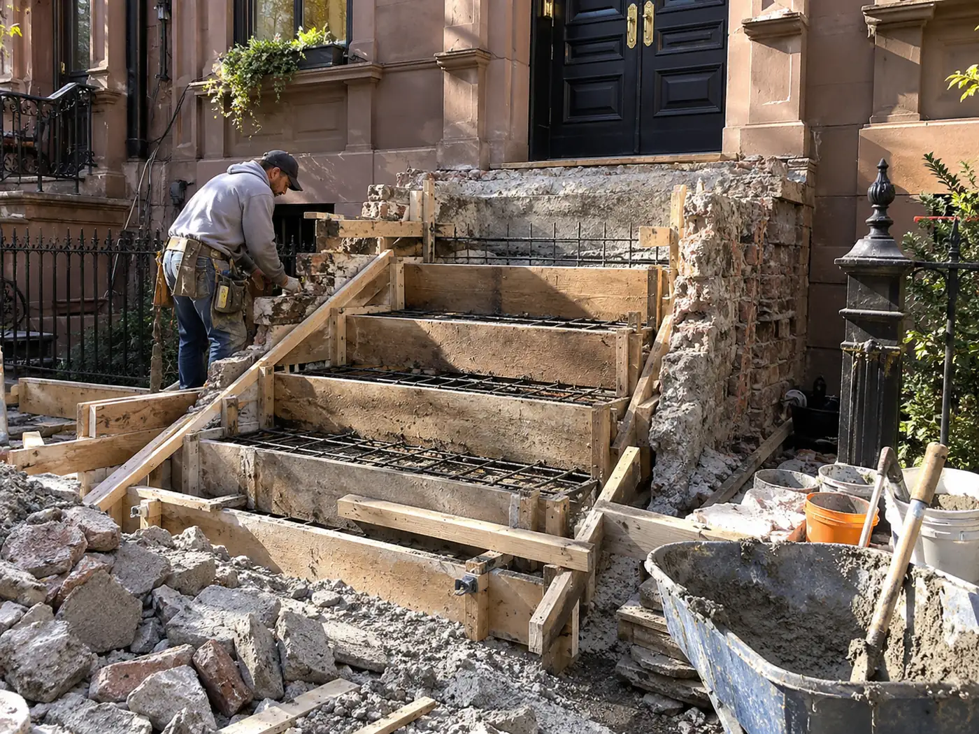 Exterior steps and landing being rebuilt during a brownstone entrance renovation in NYC
