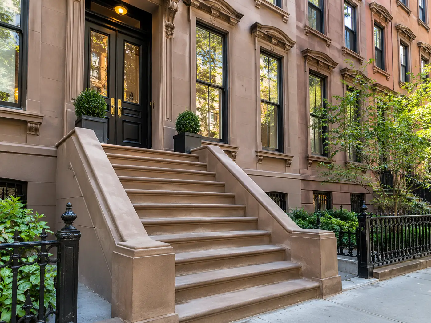 Finished brownstone stoop and exterior entry construction at a New York City property