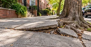 Tree roots lifting and cracking concrete sidewalk slabs outside a brick residential property in New York City.