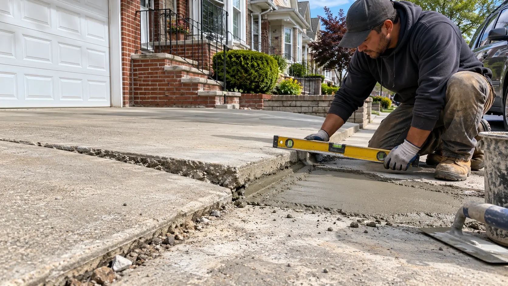 Uneven concrete driveway repair and leveling work at an NYC residential property