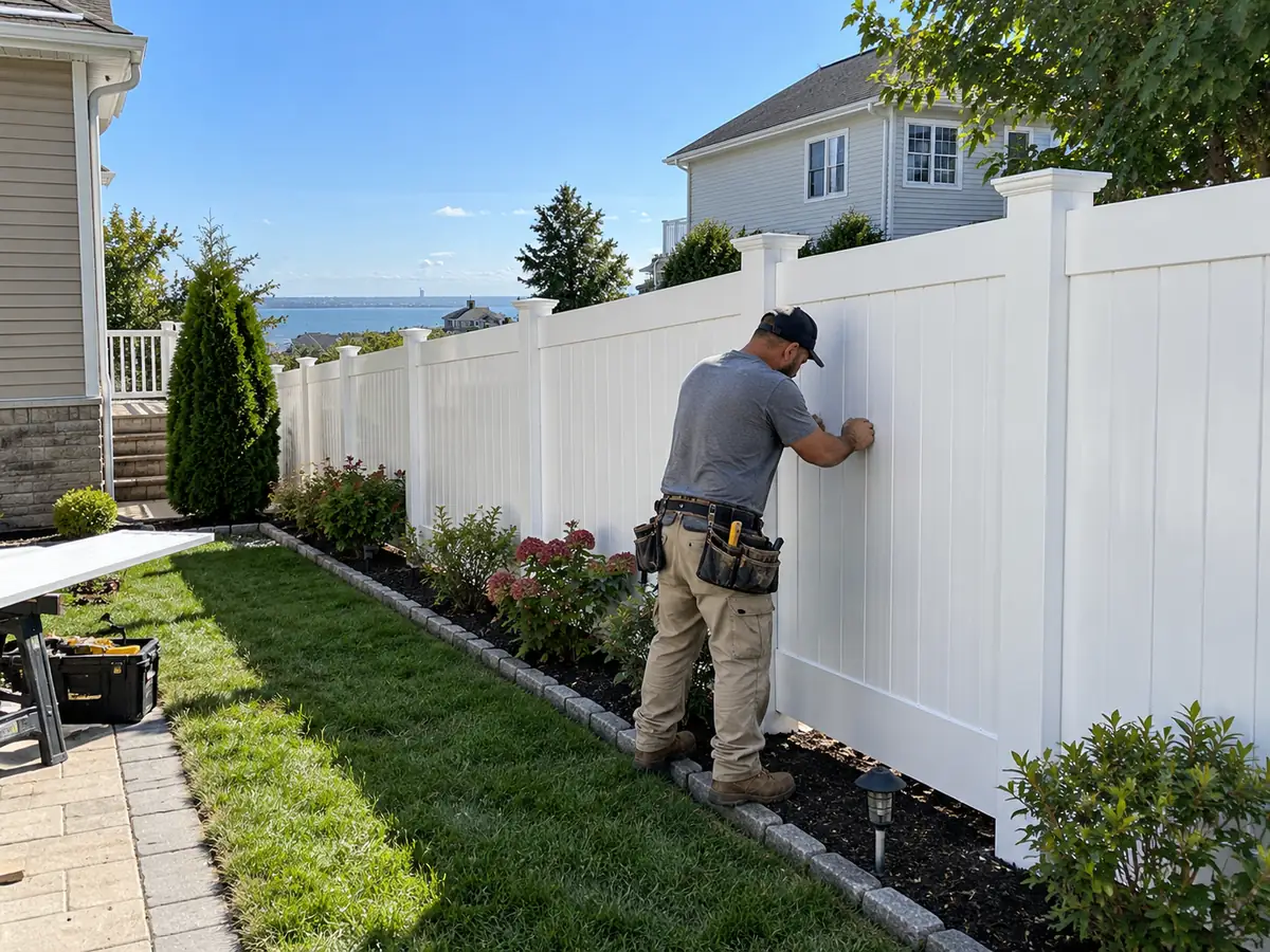 Contractor adjusting a white vinyl privacy fence in a landscaped residential yard.