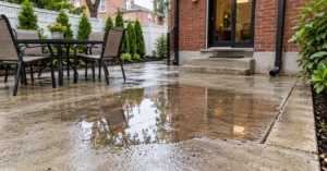 Water pooling on a concrete patio due to poor drainage outside a residential brick house.