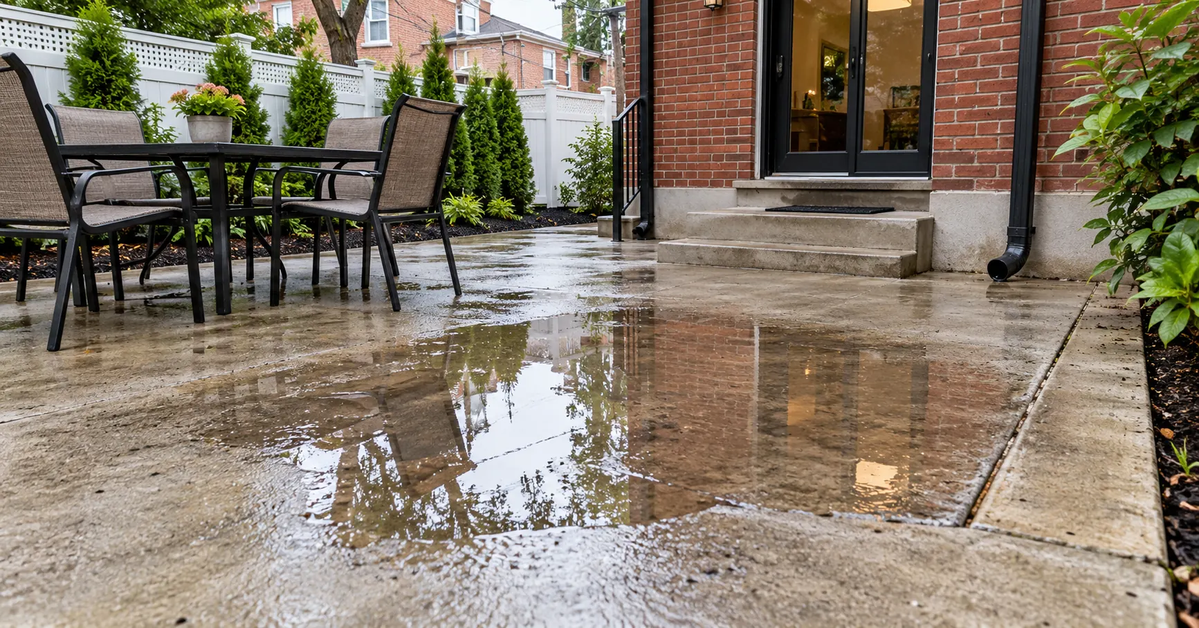 Water pooling on a concrete patio due to poor drainage outside a residential brick house.