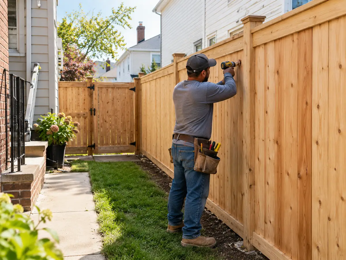 Fence installer fastening a new wood privacy fence beside a residential house.