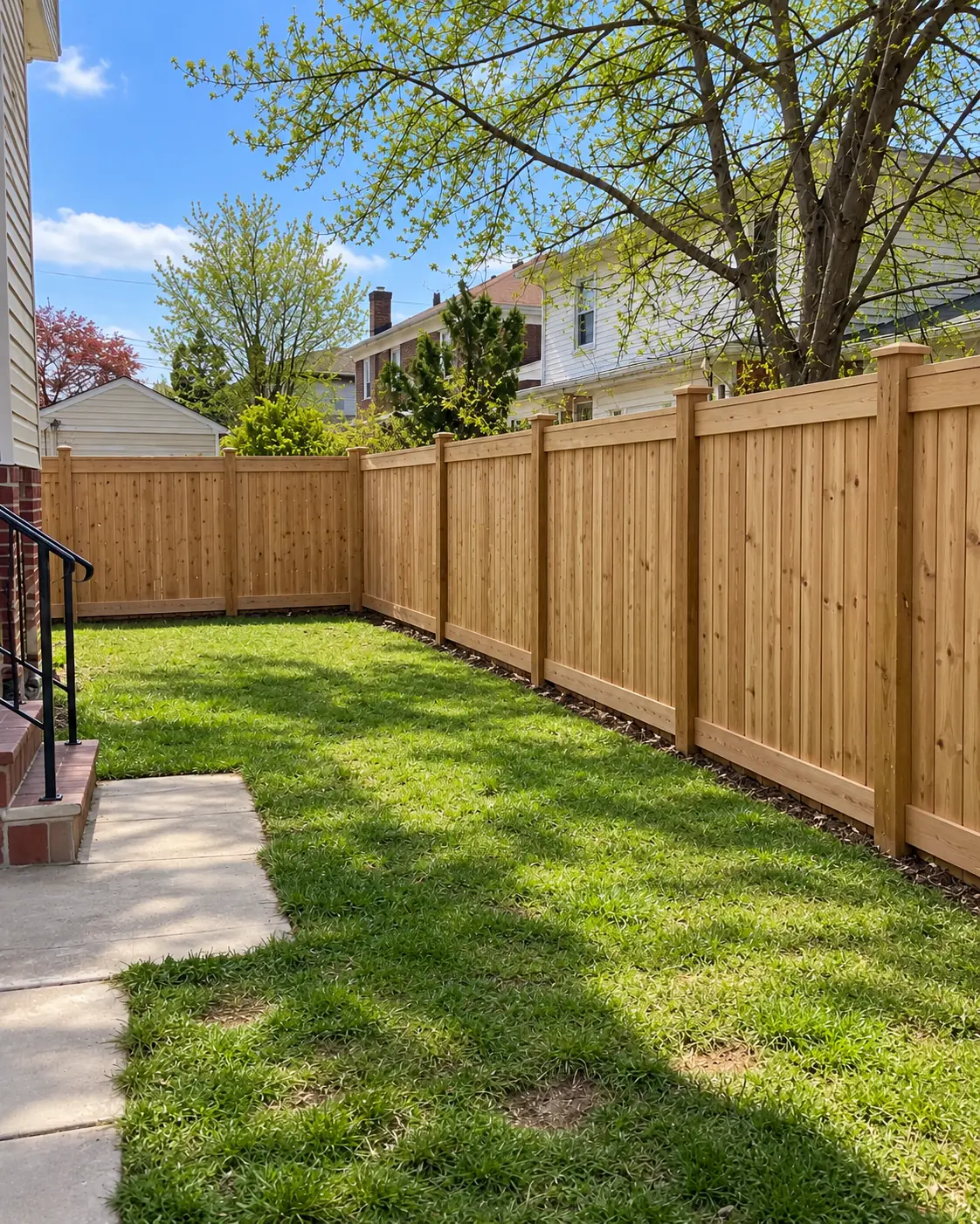 New cedar wood privacy fence enclosing a residential backyard after replacement.