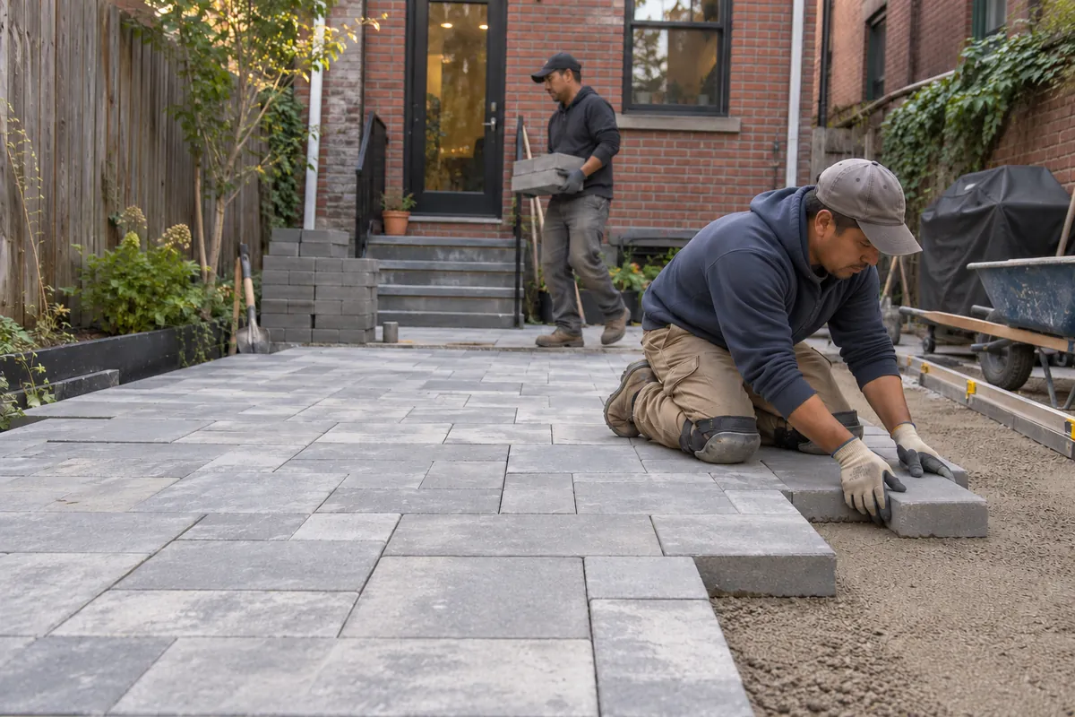 Contractor installing gray concrete patio pavers over a prepared gravel base in a New York City residential backyard.